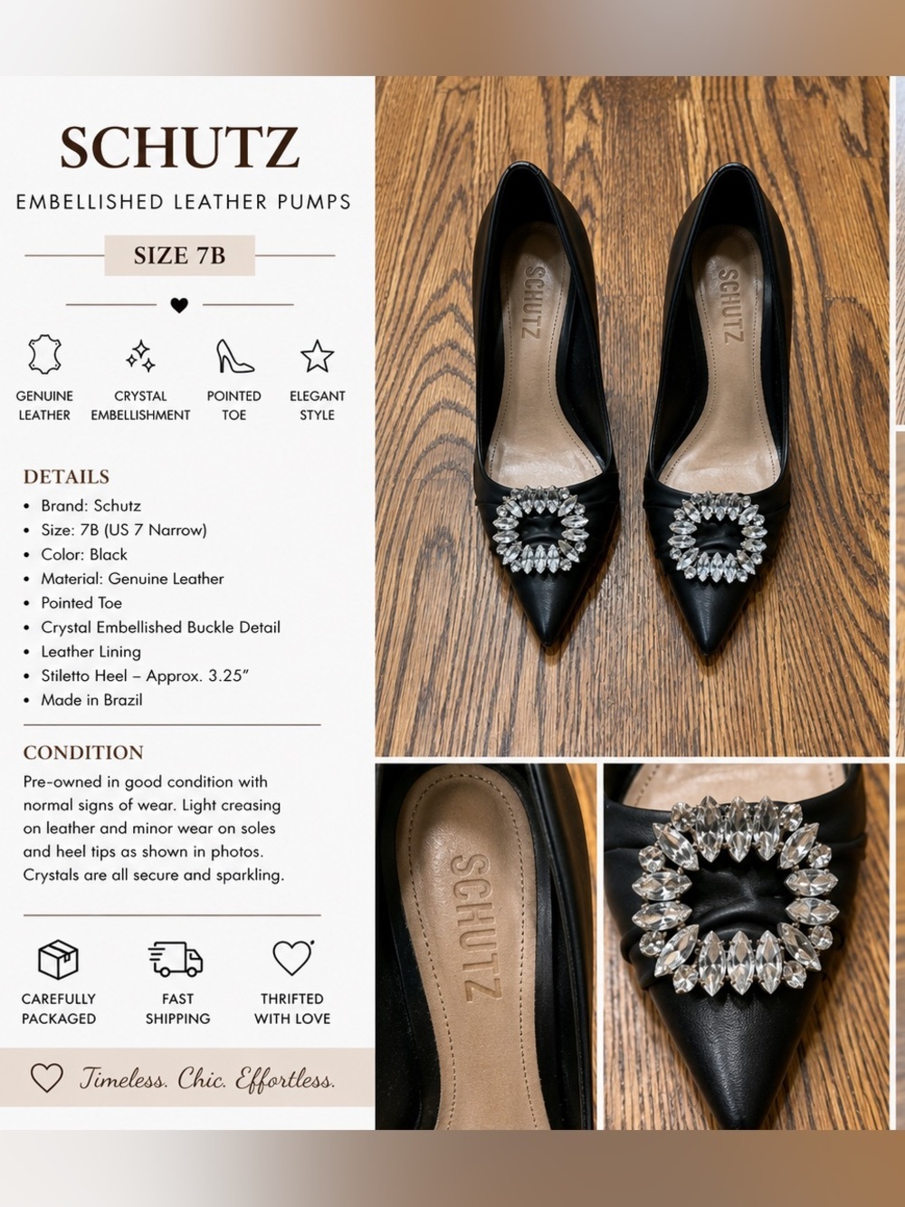 SCHUTZ Black Crystal Embellished Leather Heels Size 7B